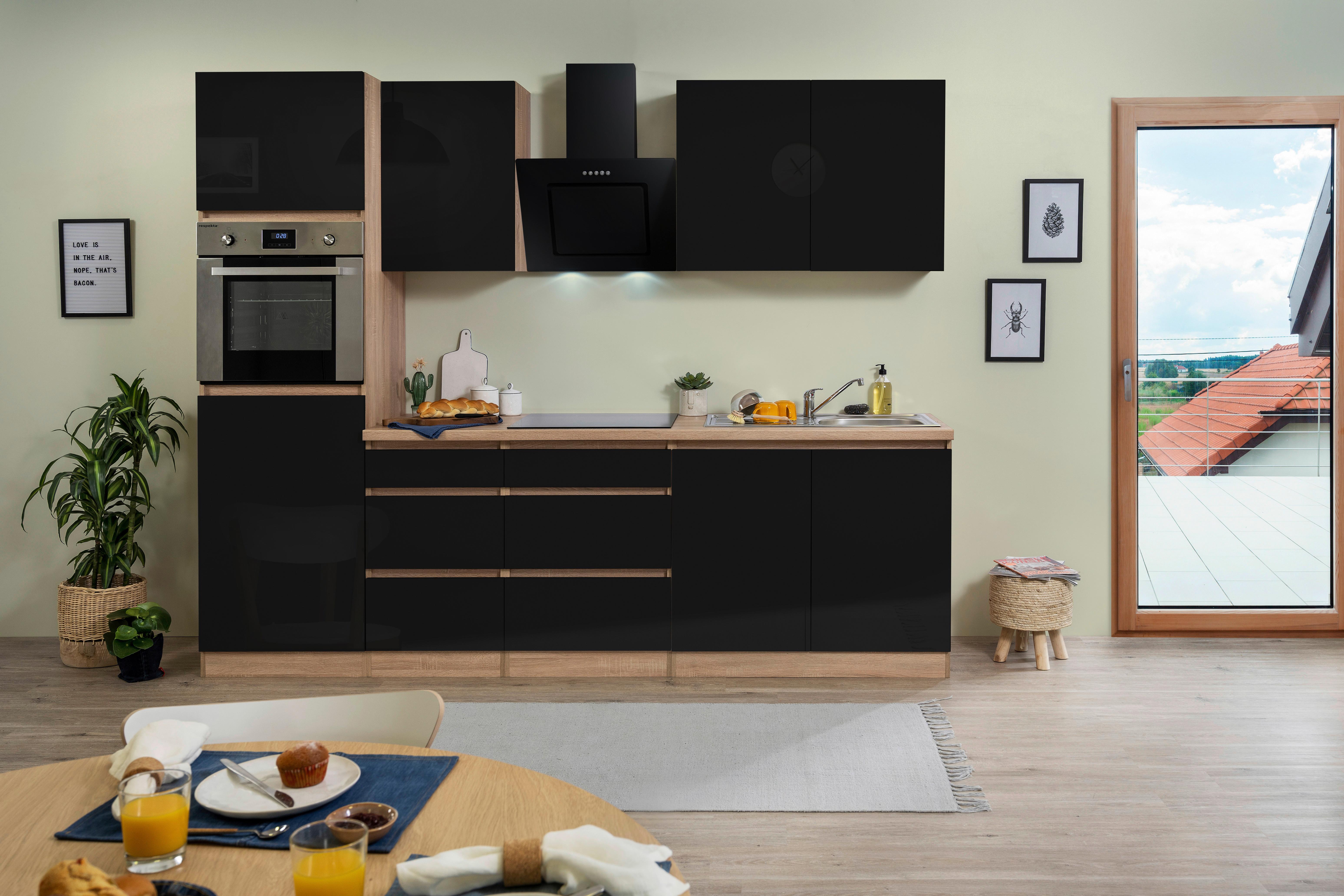 Küchenzeile Premium m. Geräten 270 cm Schwarz/Eiche Dekor - Eichefarben/Schwarz, MODERN, Holzwerkstoff (270cm) - Respekta