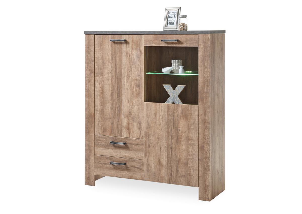 Kommode mit Glaselement 122 cm Edmonton, Samdal Eiche Dekor - Eichefarben/Anthrazit, Basics, Glas/Holzwerkstoff (122/140/45cm) - MID.YOU