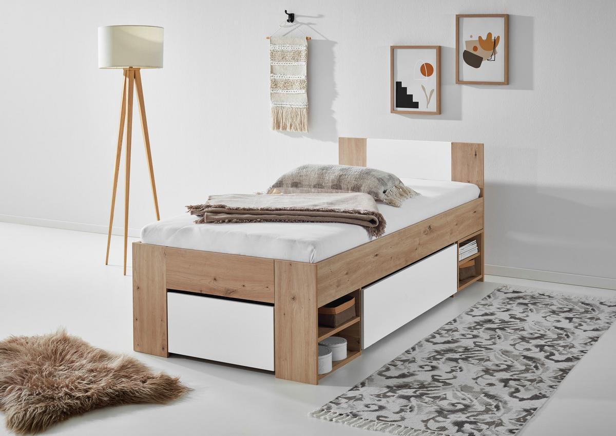 Stauraumbett mit Bettladen 90x 200cm Azurro Weiß/Eiche - Eiche Artisan/Weiß, MODERN, Holzwerkstoff (90/200cm)