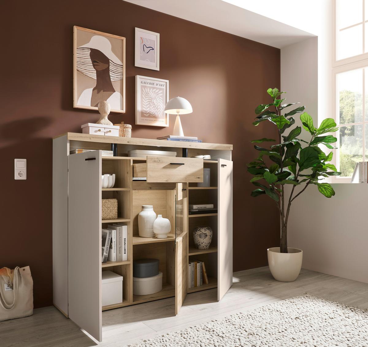 Highboard Strada Giga *ph* Eiche Artisan/Kashmir, B:151cm - Kaschmir/Schwarz, Trend, Glas/Holzwerkstoff (151/129/37cm)