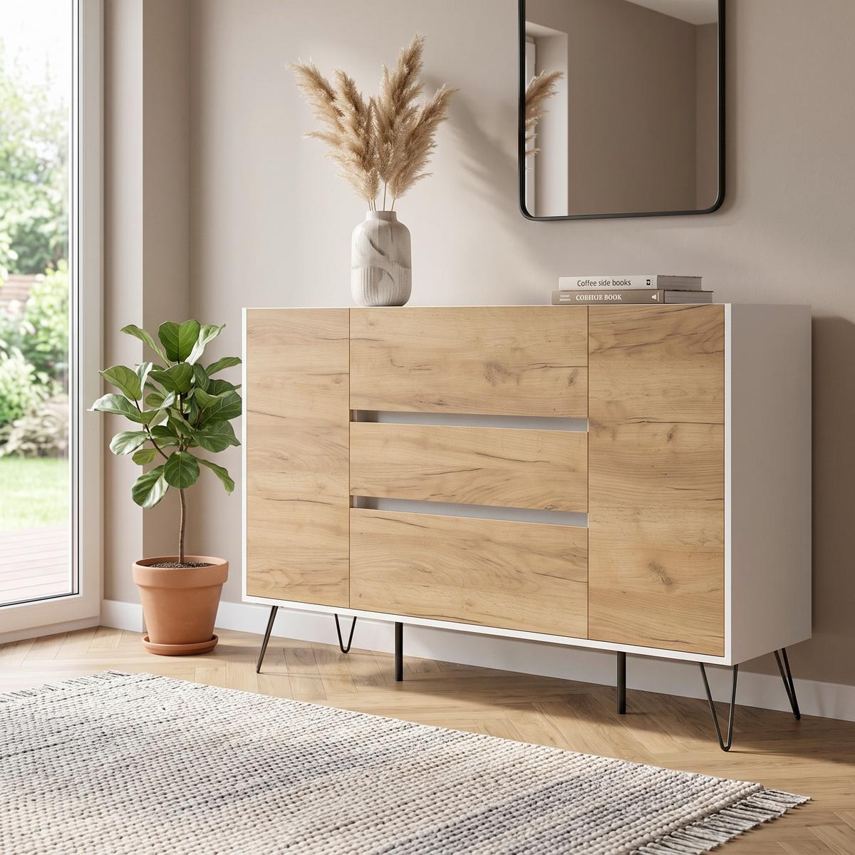 Sideboard Posseik Industrial Eichefarben/Weiß B: 155 cm - Weiß Hochglanz/Eichefarben, Design, Holzwerkstoff (155/93,6/42cm) - MID.YOU
