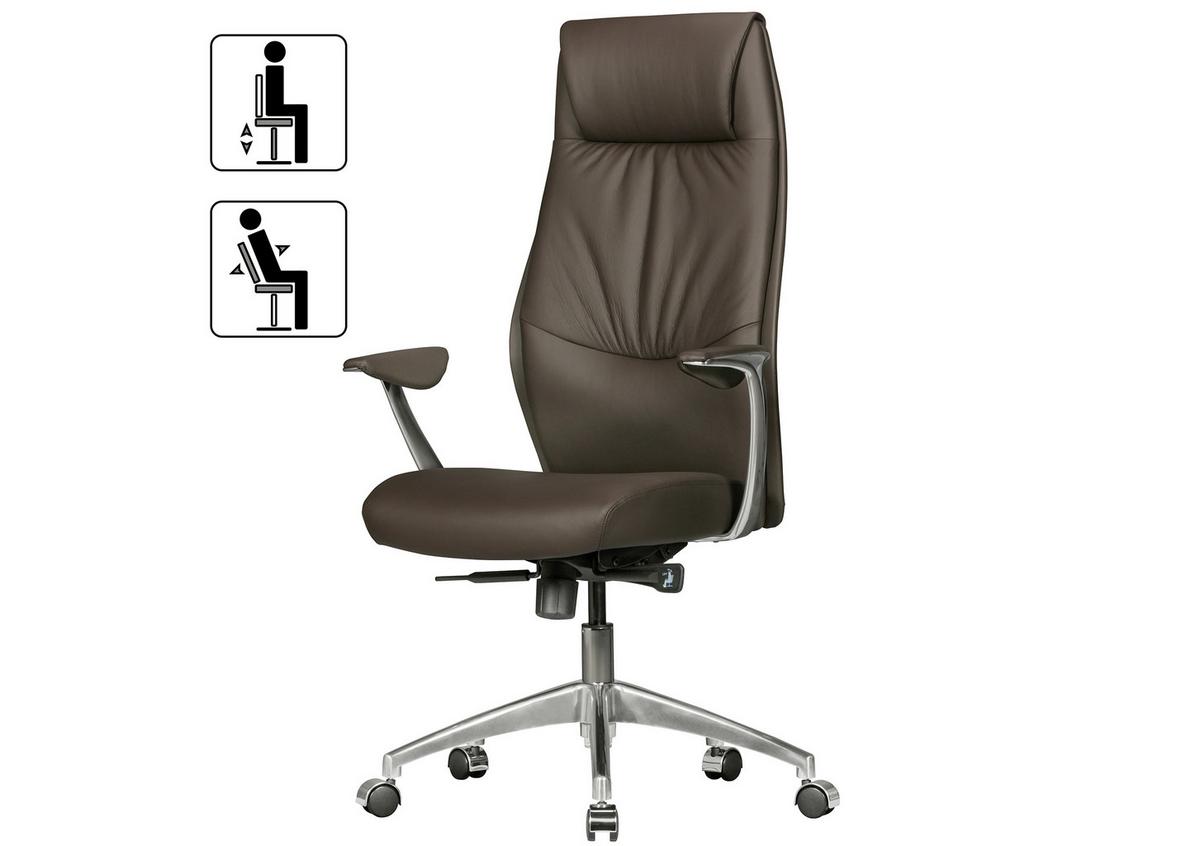 Chefsessel Oxford Echtleder Mit Armstützen + Wippfunktion - Silberfarben/Braun, MODERN, Kunststoff/Metall (67/117/58cm) - MID.YOU