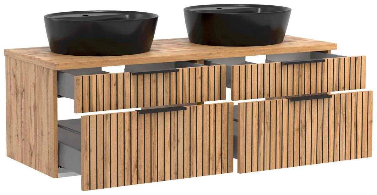 Waschbecken Mit Unterschrank Chester B: 120 Cm - Eiche Wotan/Schwarz, MODERN, Holzwerkstoff/Stein (120cm) - Held
