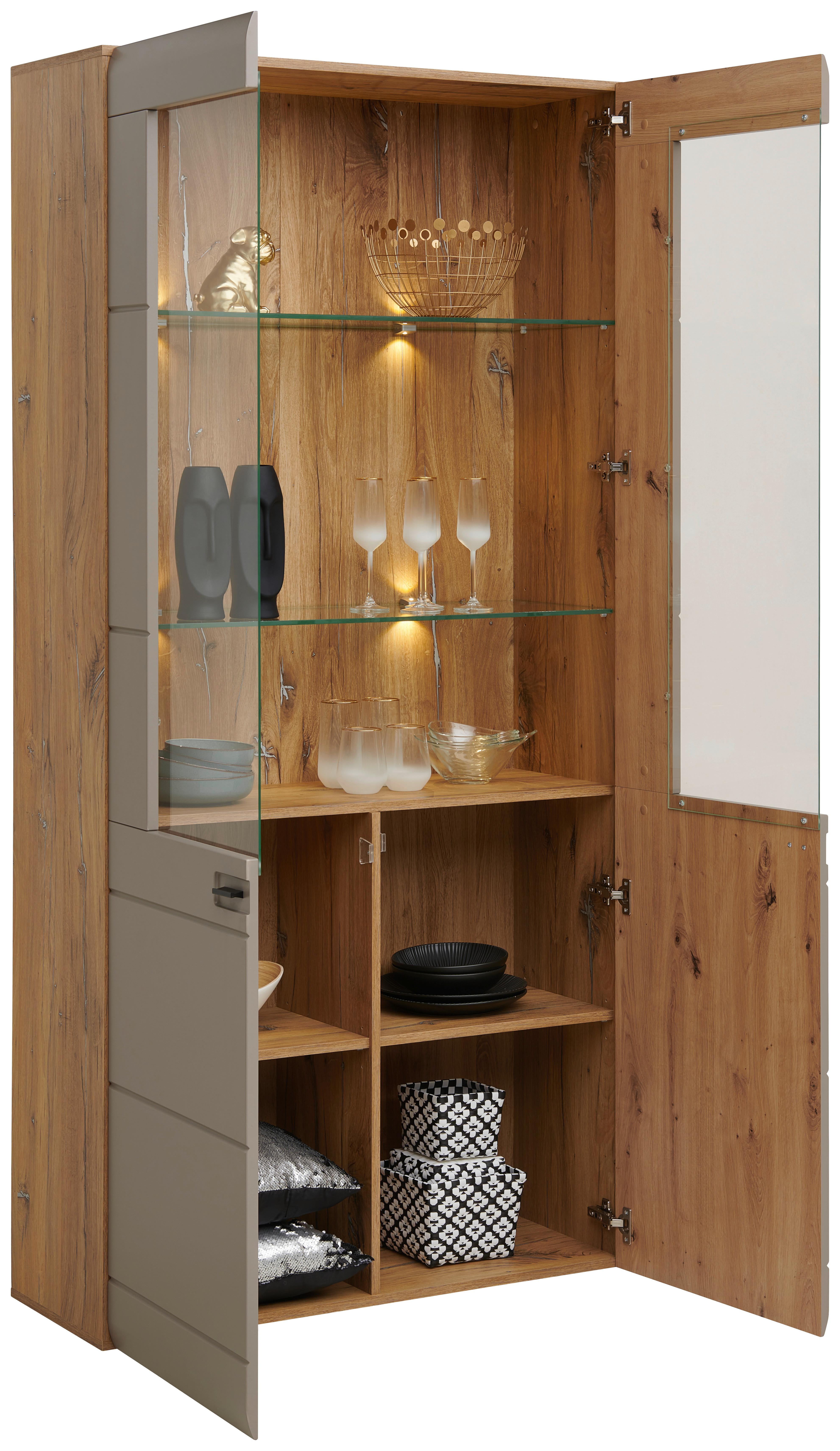 Vitrine mit zwei teilverglasten Drehtüren