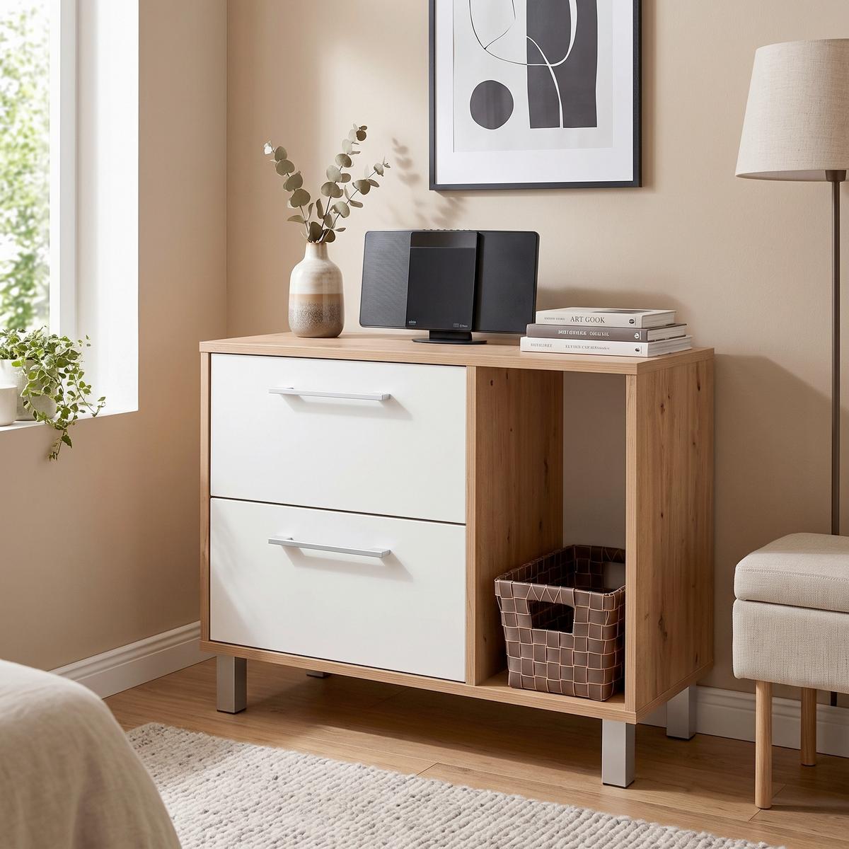 Kommode mit Soft-Close B 75cm Box, Artisan Eiche Dekor/Weiß - Eichefarben/Alufarben, MODERN, Holzwerkstoff (75/60/40cm) - Ondega