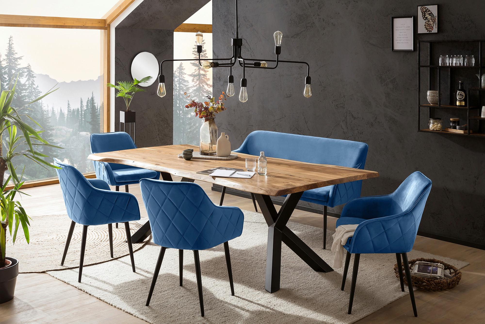 Tischgruppe Akazie Massiv/blau  6--Teilig. - Blau/Naturfarben, MODERN, Holz/Textil (220/110/76,5cm) - Livetastic