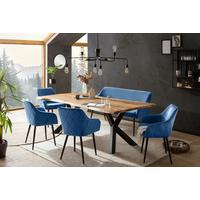 Tischgruppe Akazie Massiv/blau 6--Teilig. - Blau/Naturfarben, MODERN, Holz/Textil (200/100/76,5cm) - Livetastic