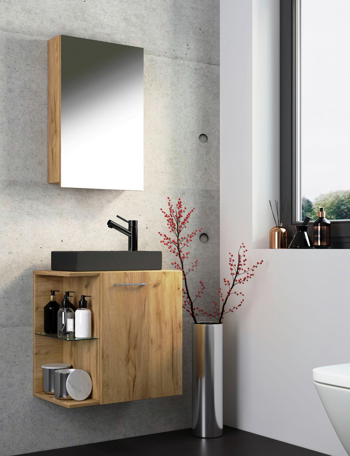 Gästebad Hausa Bl - Honigeiche/Schwarz, MODERN, Glas/Keramik (52cm) - MID.YOU