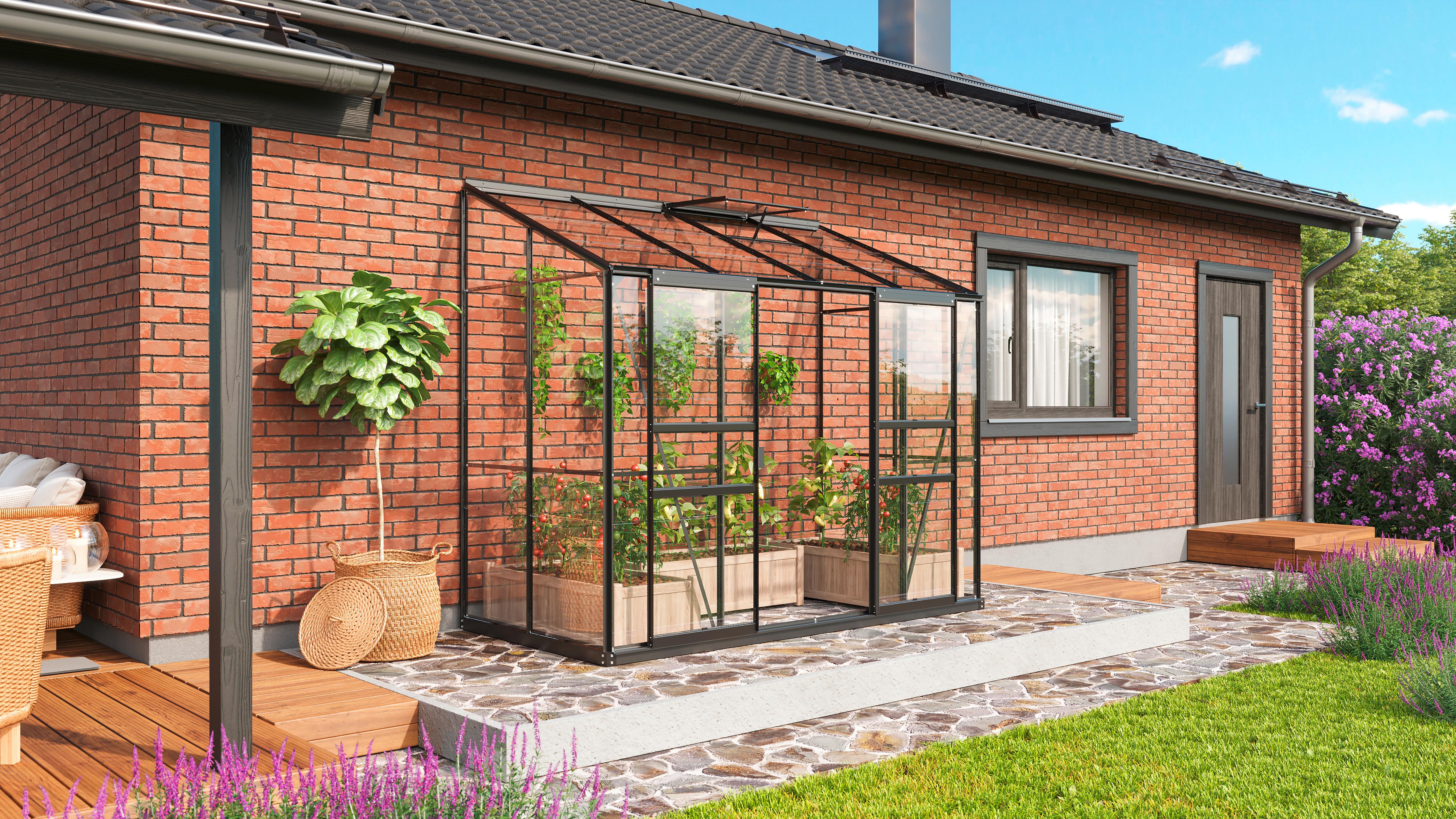 Anlehn-Gewächshausbausatz Ida 3300 Esg3mm, Schwarz - Schwarz, Basics, Glas/Metall (264/23/10cm)