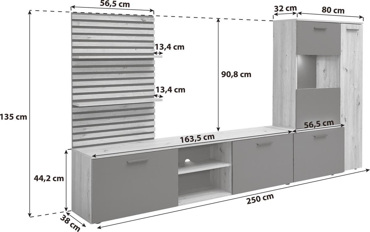 Wohnwand Heathrow, Anthrazit, Eiche Artisan Dekor,b: 250 cm - Anthrazit/Schwarz, Design, Glas/Holzwerkstoff (250/135/38cm) - MID.YOU