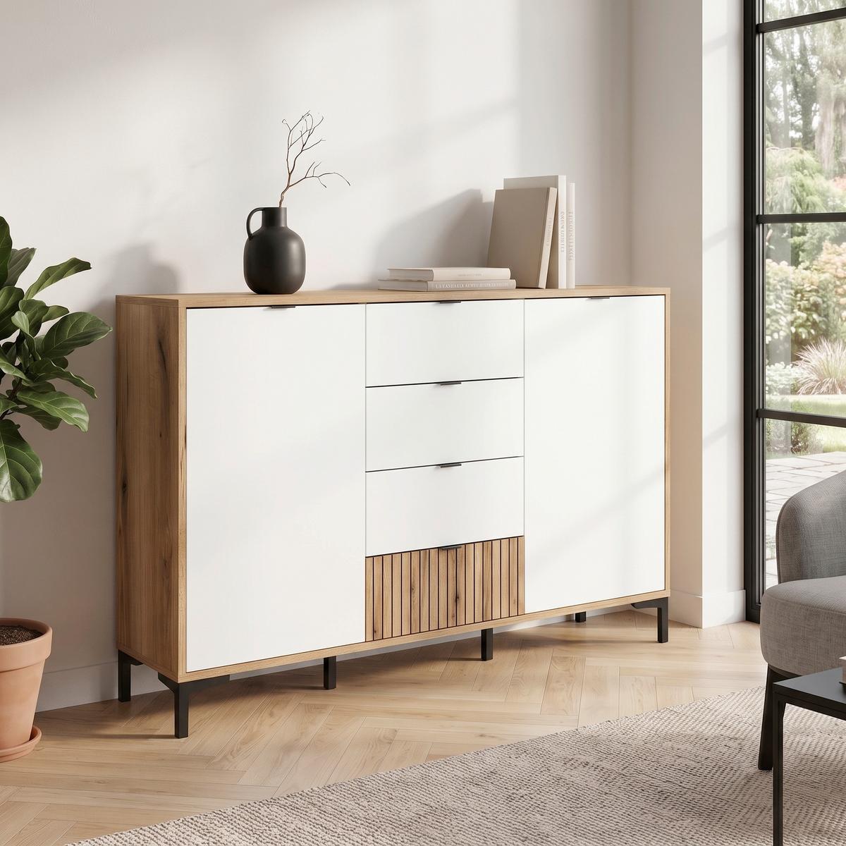Kommode Ricko Eichefarben/Weiß B: 135,4 cm - Eichefarben/Schwarz, Trend, Holzwerkstoff (135,4/92,4/40cm)