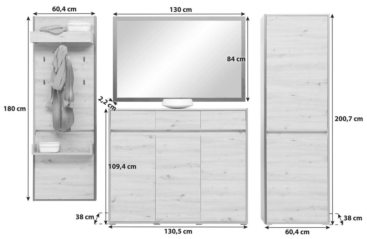 Garderoben-Set Welcome Eiche Dekor/Schwarz 4 -Teilig. - Eichefarben/Schwarz, MODERN, Holzwerkstoff (251,3/200,7/38cm)