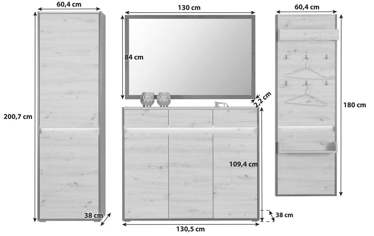 Garderoben-Set Welcome Eiche Dekor/Schwarz 4 -Teilig. - Eichefarben/Schwarz, MODERN, Holzwerkstoff (251,3/200,7/38cm)