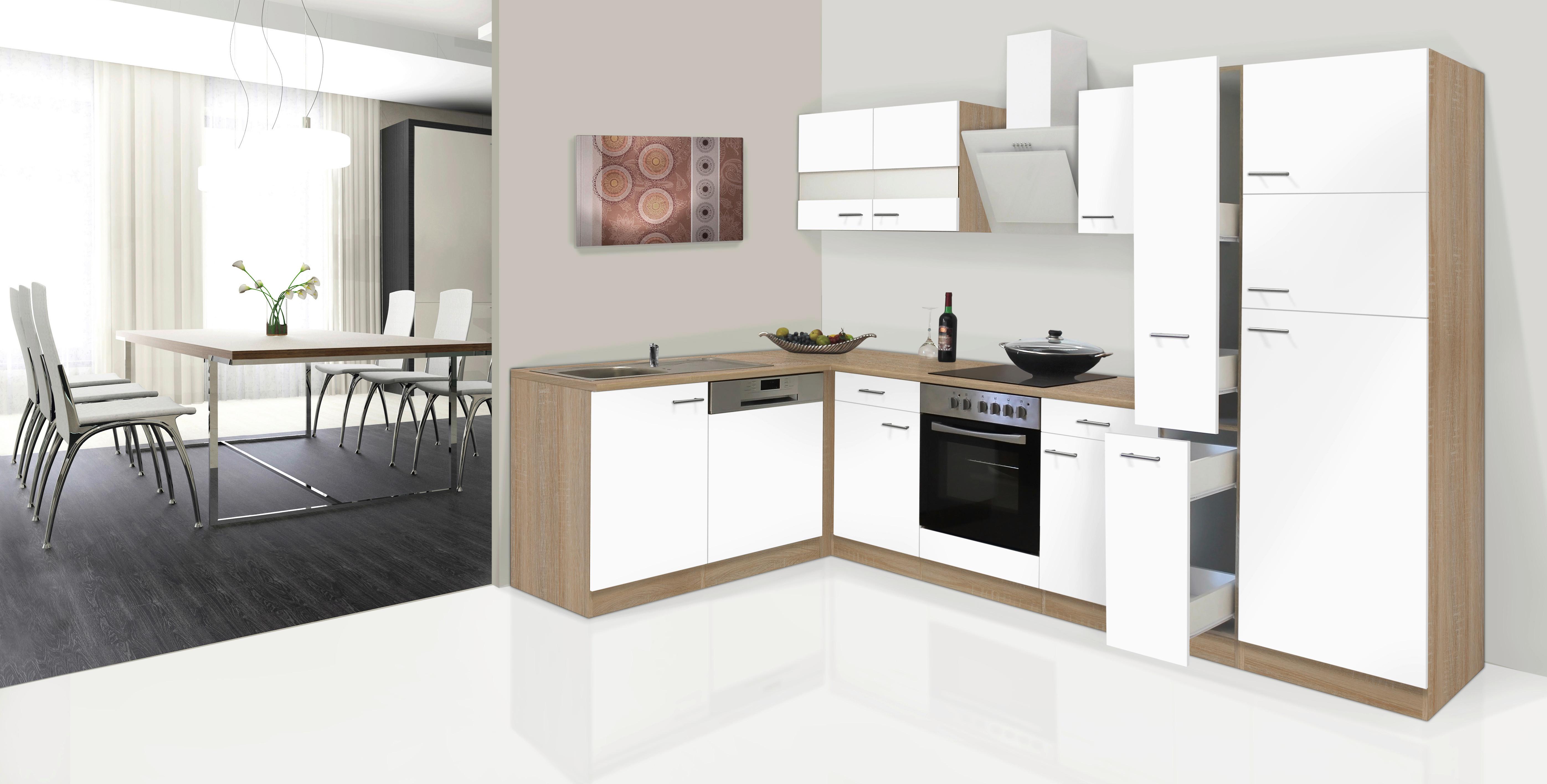 Eckküche Economy mit Geräten 172 cm Weiß/Eichefarben