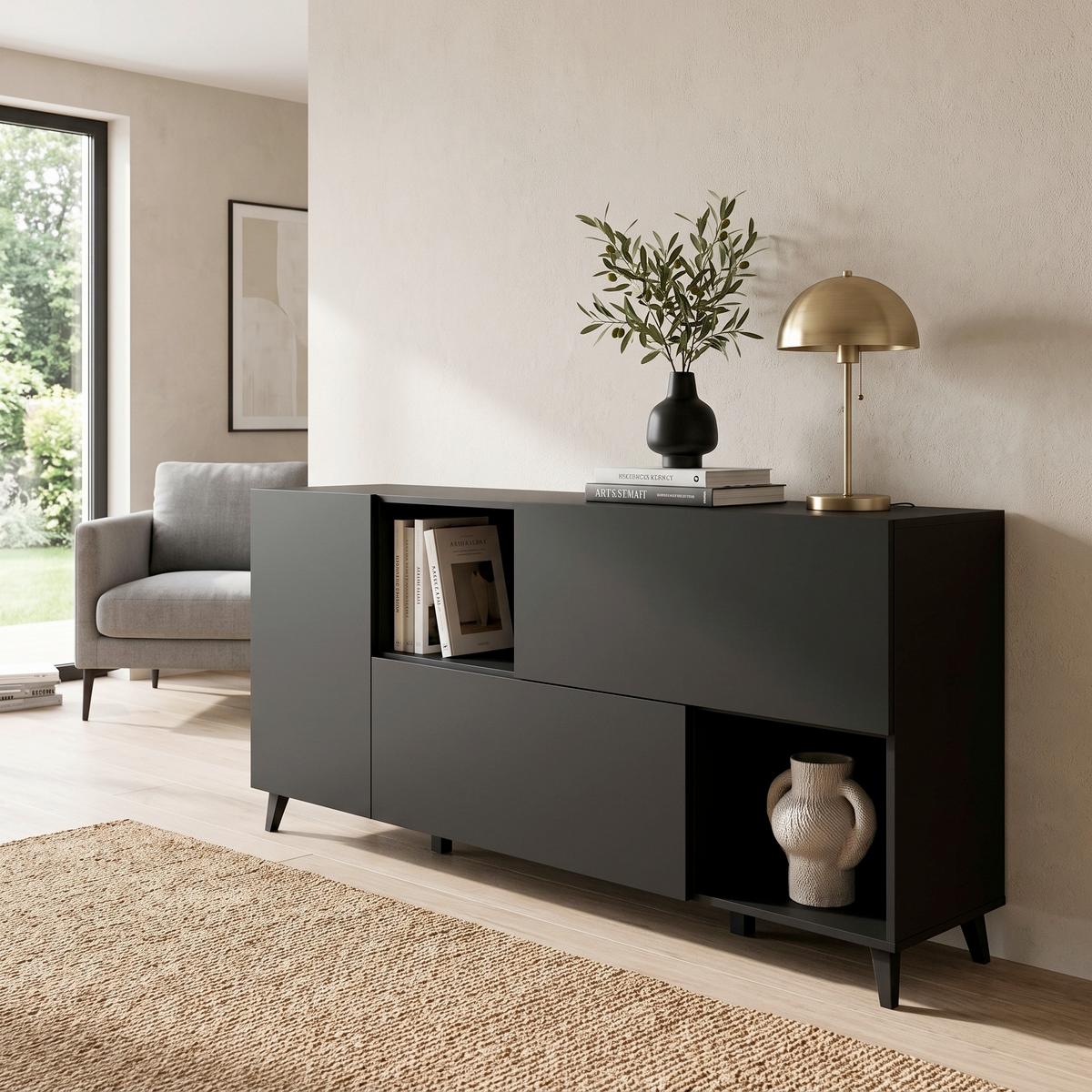 Sideboard Phuket schwarz B: 180cm - Schwarz, Design, Holzwerkstoff (180/76/39cm) - P & B