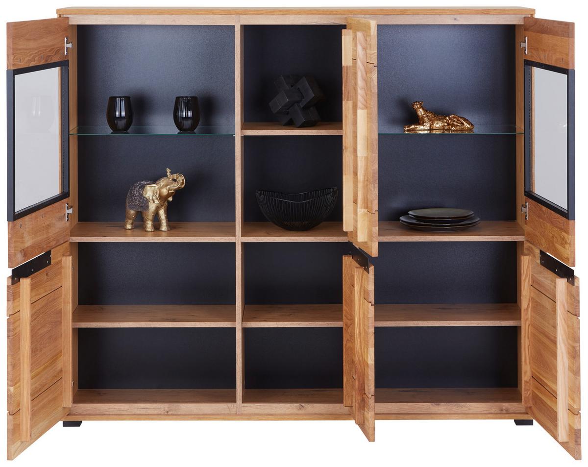 Highboard Massiv 162,5cm Lola Giga Wildeiche - Wildeiche/Schwarz, KONVENTIONELL, Glas/Naturmaterialien (162,5/146,5/40,5cm)