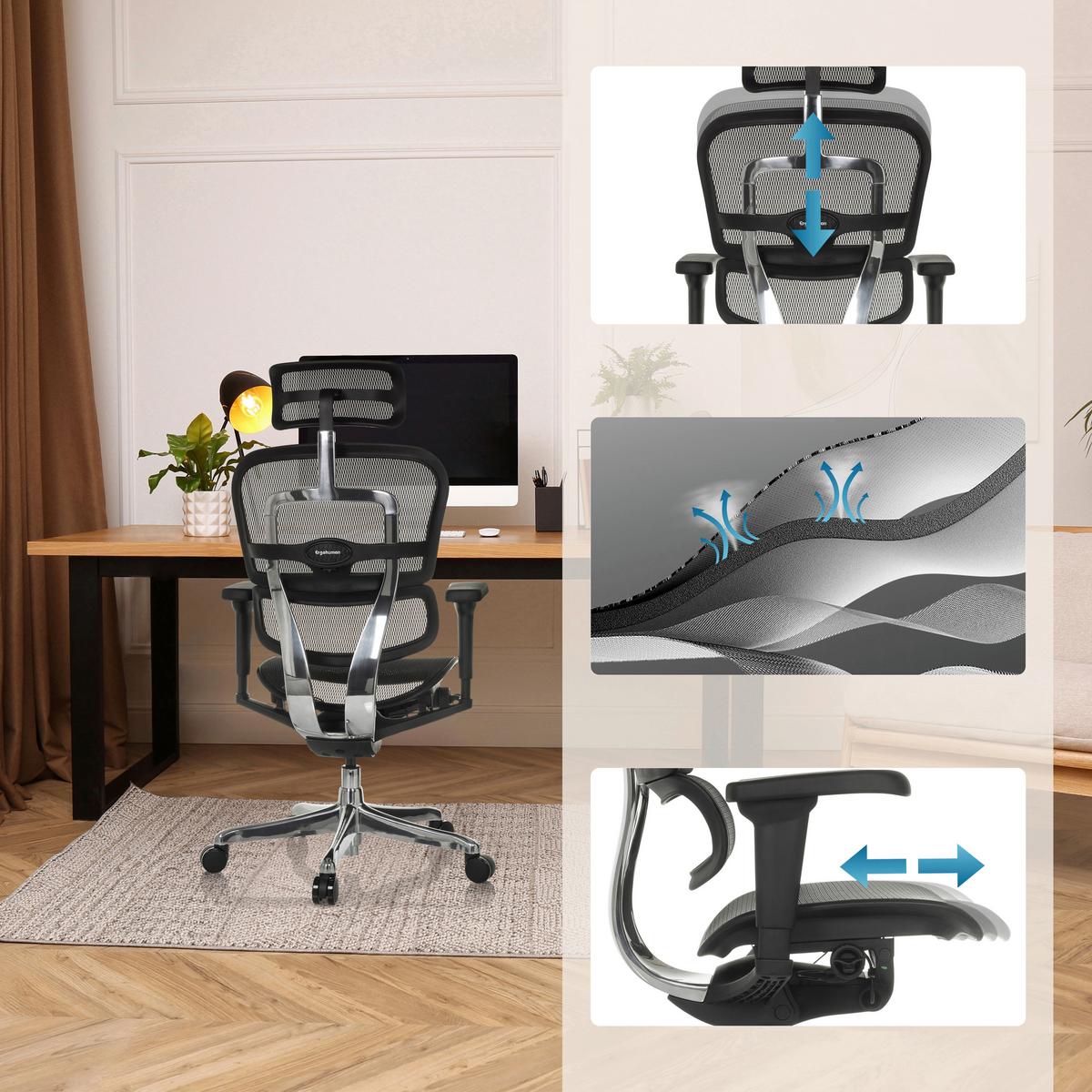 Drehstuhl Ergohuman Ultra Gen2 Schwarz B: 65 cm - Silberfarben/Schwarz, MODERN, Kunststoff/Textil (65/132/60cm) - MID.YOU