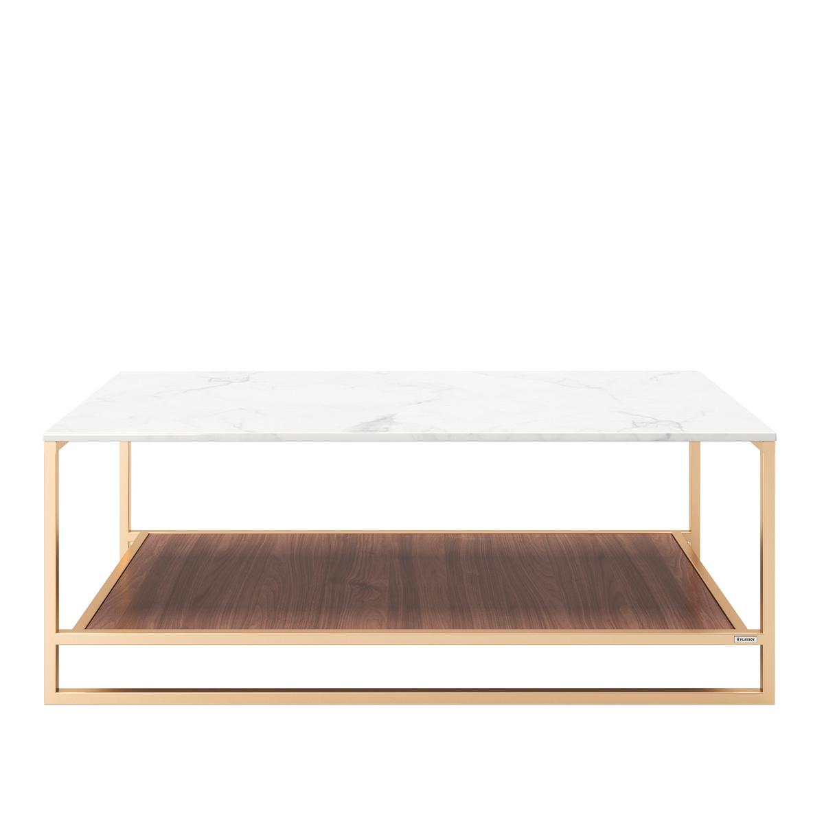 Couchtisch mit Ablagefläche Olivia, Weiß/Braun/Gold - Goldfarben/Nussbaumfarben, KONVENTIONELL, Holzwerkstoff/Metall (120/60/45cm) - Playboy