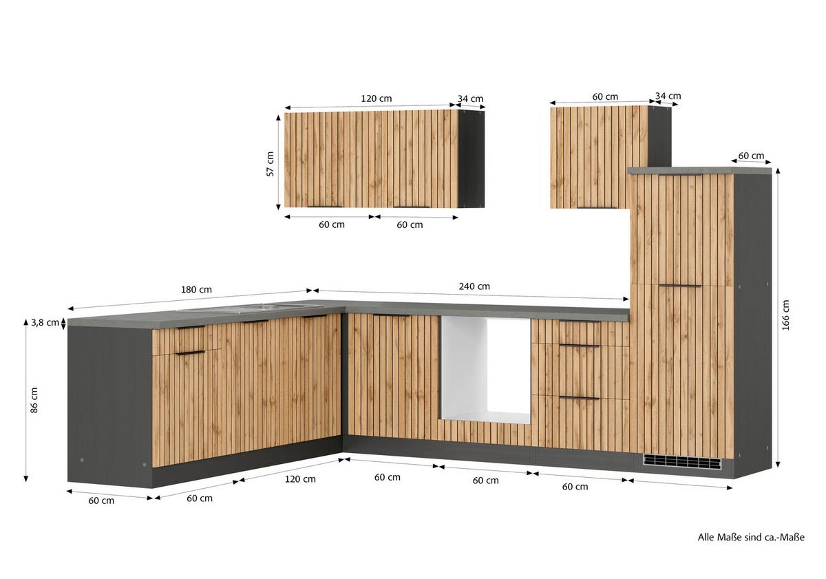 Eckküche Liverpool Graphit/ Eiche Dekor S: 300x240 Cm - Schieferfarben/Eiche Wotan, Basics, Holzwerkstoff (300/240cm) - Held
