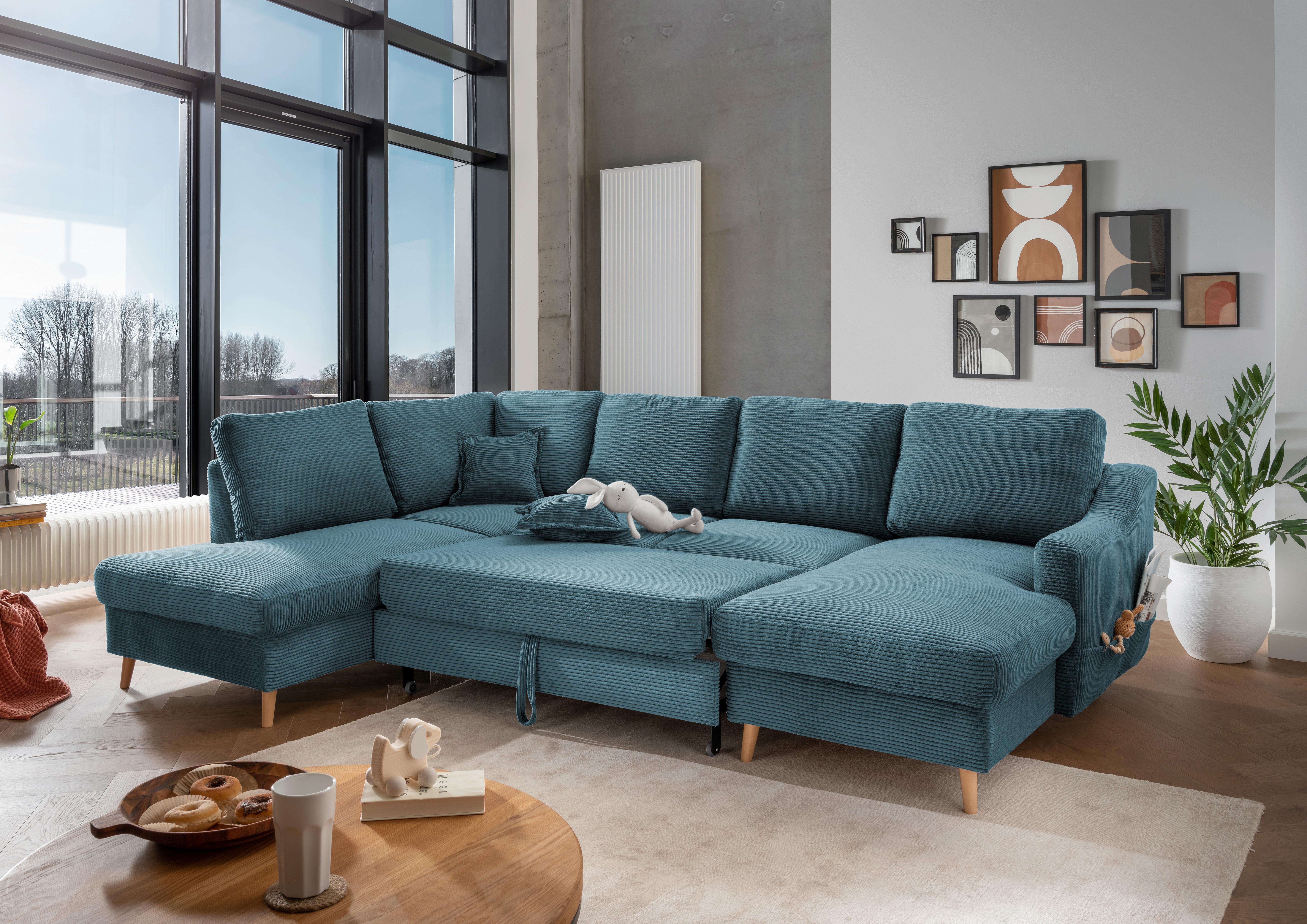 Wohnlandschaft Valentina - Petrol/Naturfarben, KONVENTIONELL, Textil (200/301/150cm) - P & B