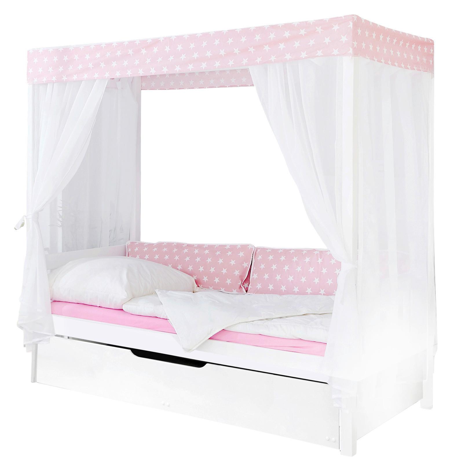 Posteľ s nebesami LINO záves ružovo-biely - biela/ružová, Modern, drevo (90/200cm) - MID.YOU