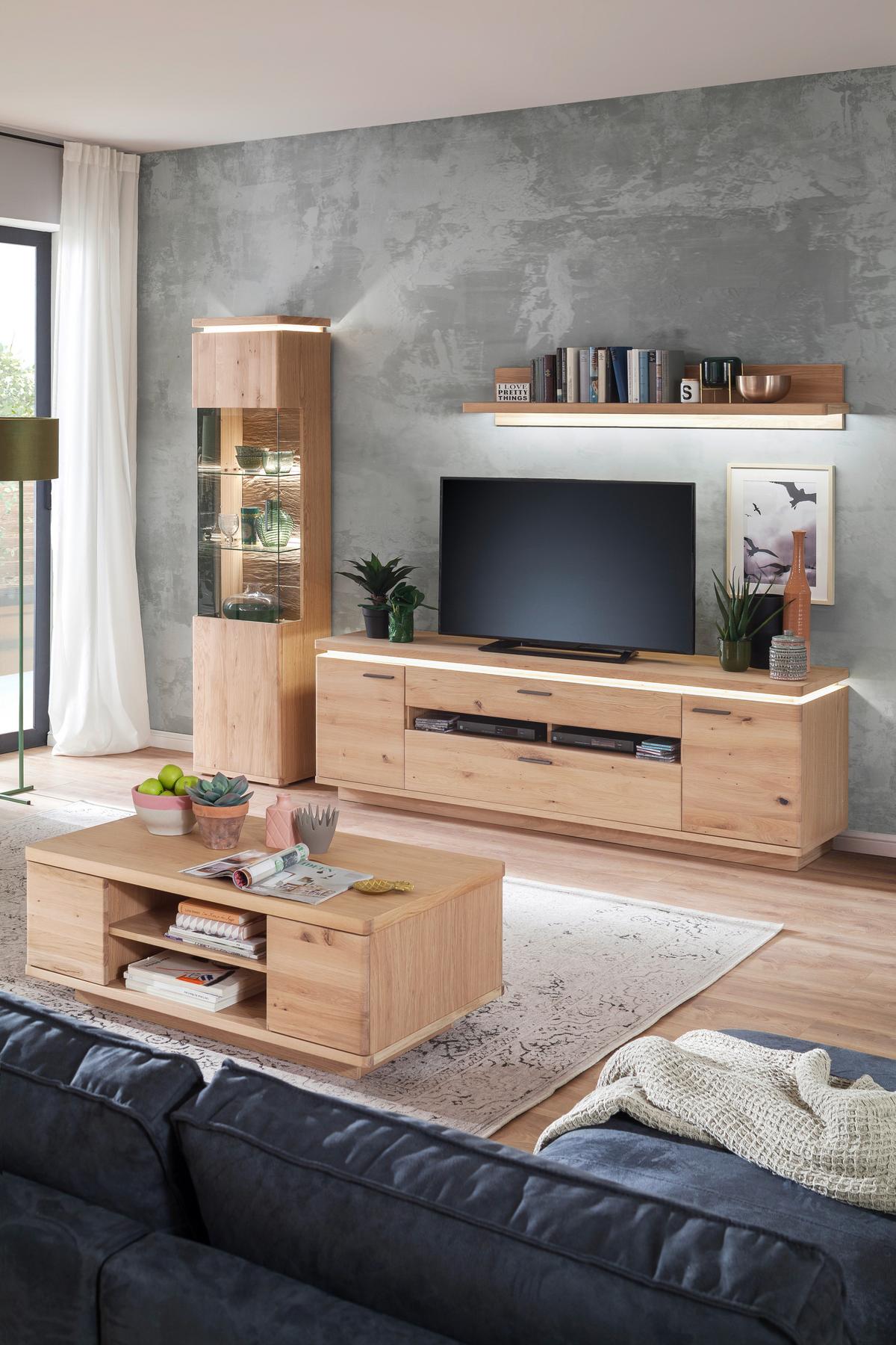 Wohnkombination Teilmassiv 3-Tlg. Barcelona Eichefarben - Eichefarben, Design, Glas/Holz (280/204/50cm) - Livetastic