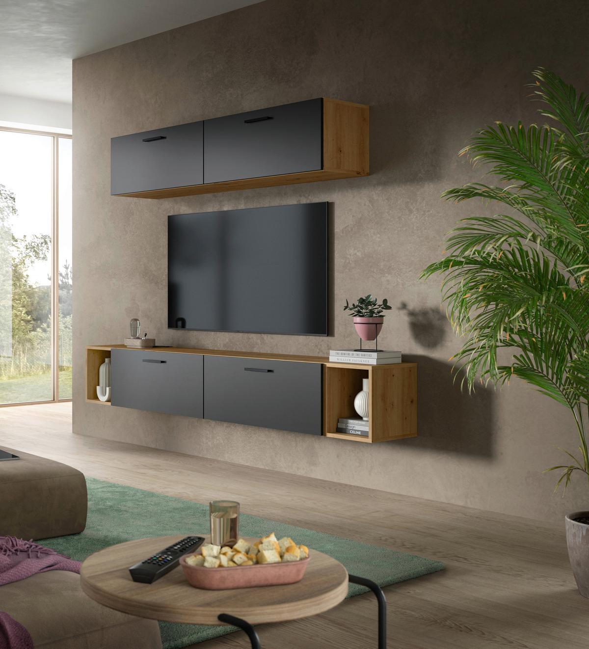 Wohnwand, The One 8, B: 150 Cm Grau/artisan Eiche Dekor - Schwarz/Eiche Artisan, Trend, Holzwerkstoff (150/92/34cm)