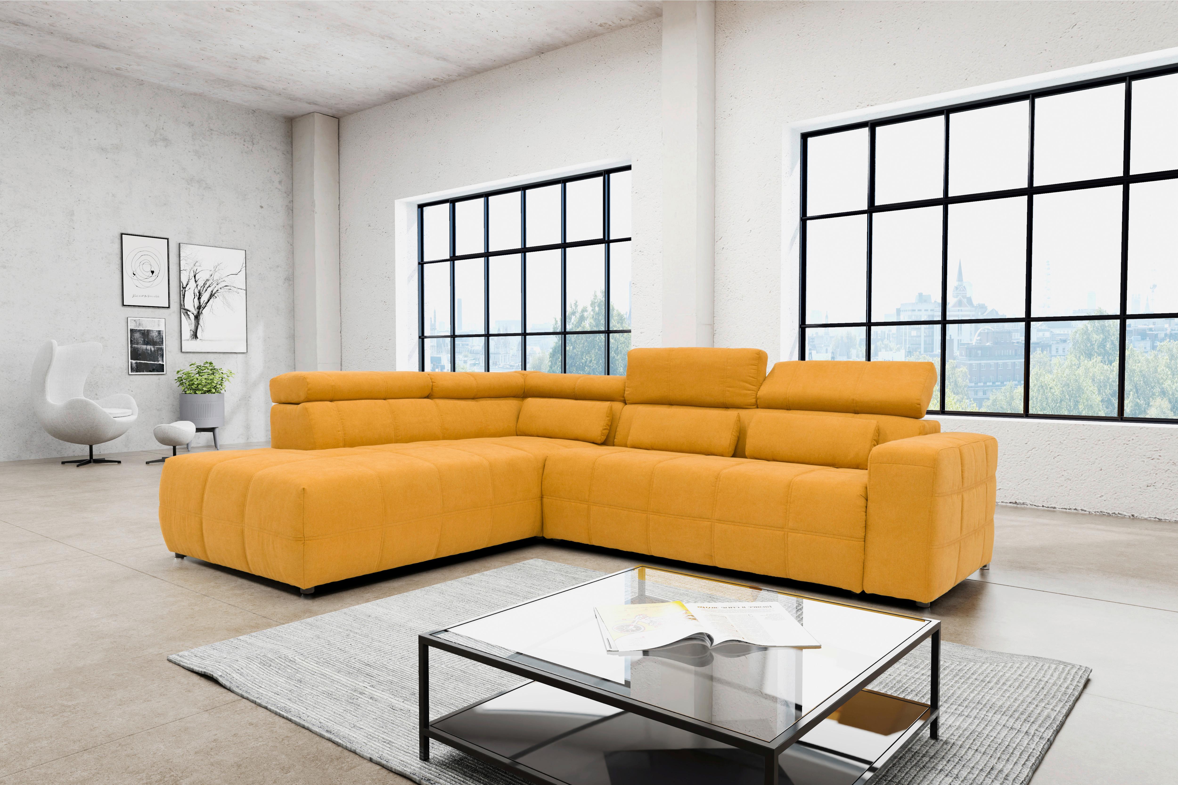 Ecksofa + Kopfteilverstellung Brandon Orange Mikrofaser - Schwarz/Orange, Design, Textil (228/275cm) - MID.YOU