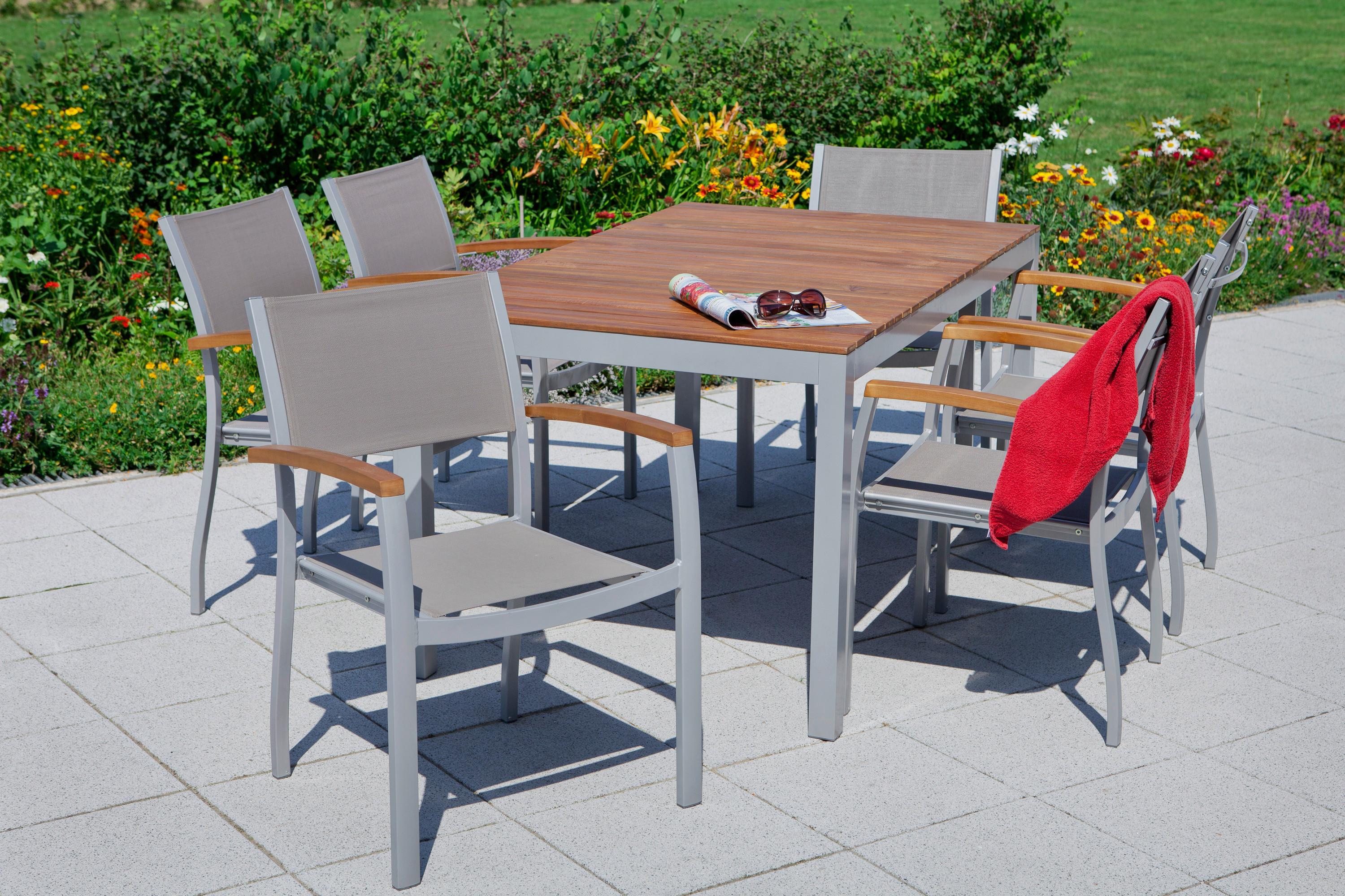 Gartengarnitur 7-tlg. Naxos Akazie/aluminium - Silberfarben/Grau, ROMANTIK / LANDHAUS, Holz/Textil - Gardenson