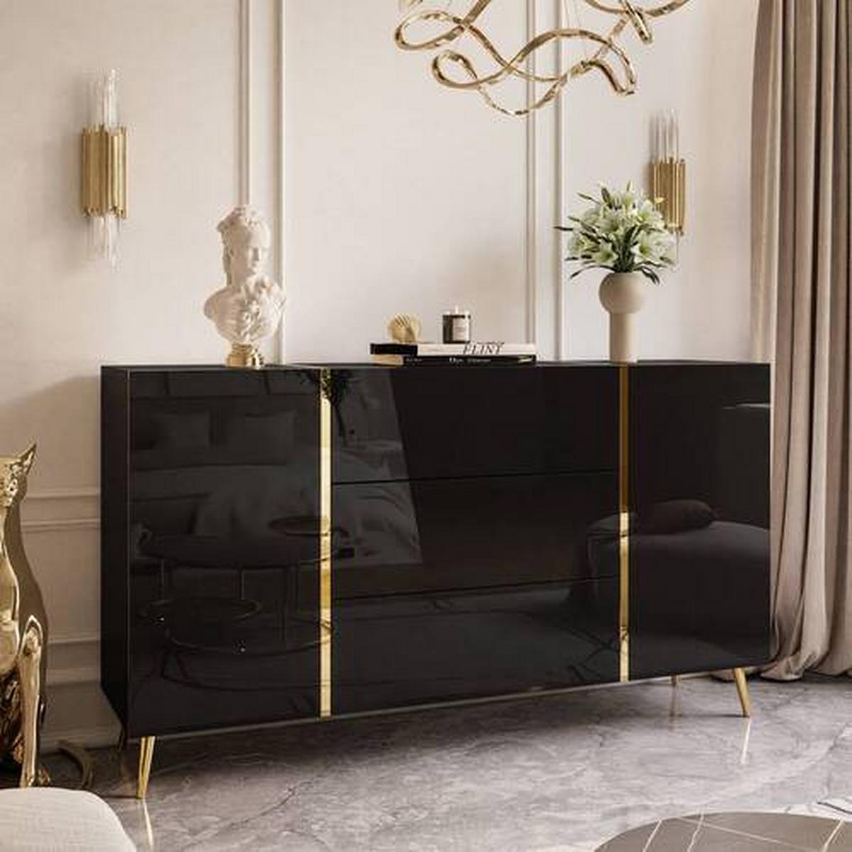 Kommode 158 cm Onyx, Schwarz Hochglanz - Schwarz Hochglanz/Goldfarben, Design, Holzwerkstoff (158/88/41,3cm) - MID.YOU
