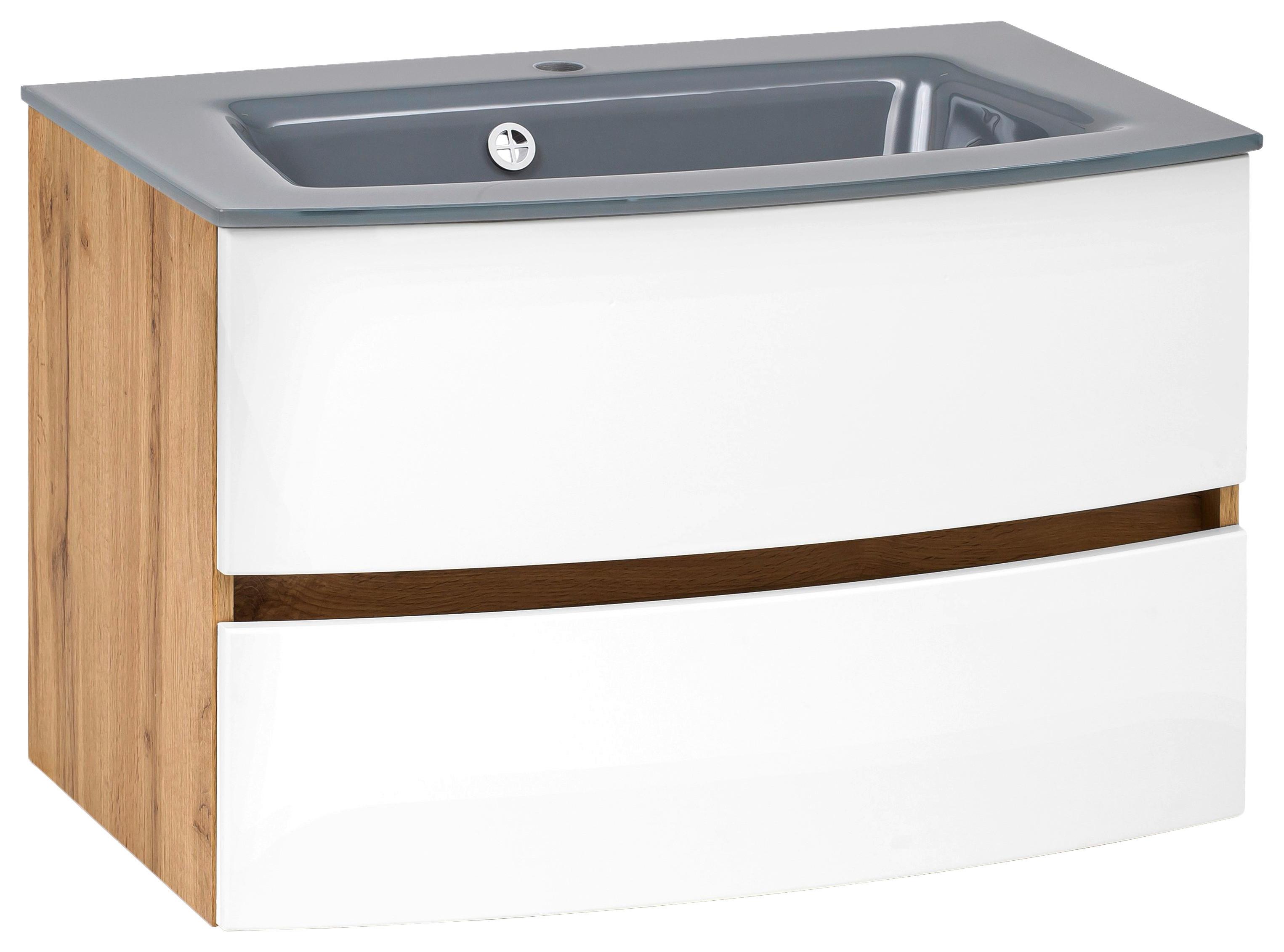 Waschbecken mit Unterschrank Kopenhagen B: 80 cm Weiß - Eichefarben/Weiß, KONVENTIONELL, Glas/Holzwerkstoff (80cm) - Held