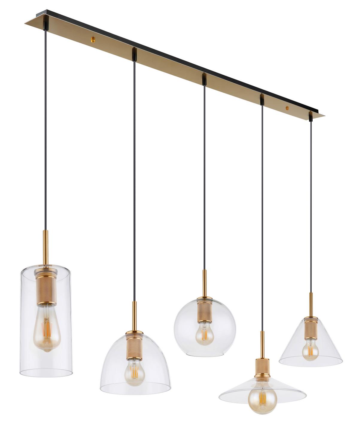 Hängeleuchte H: 120 cm 5-Flammig,leuchtmittel Wählbar - Klar/Messingfarben, Design, Glas/Metall (137/28cm) - Globo