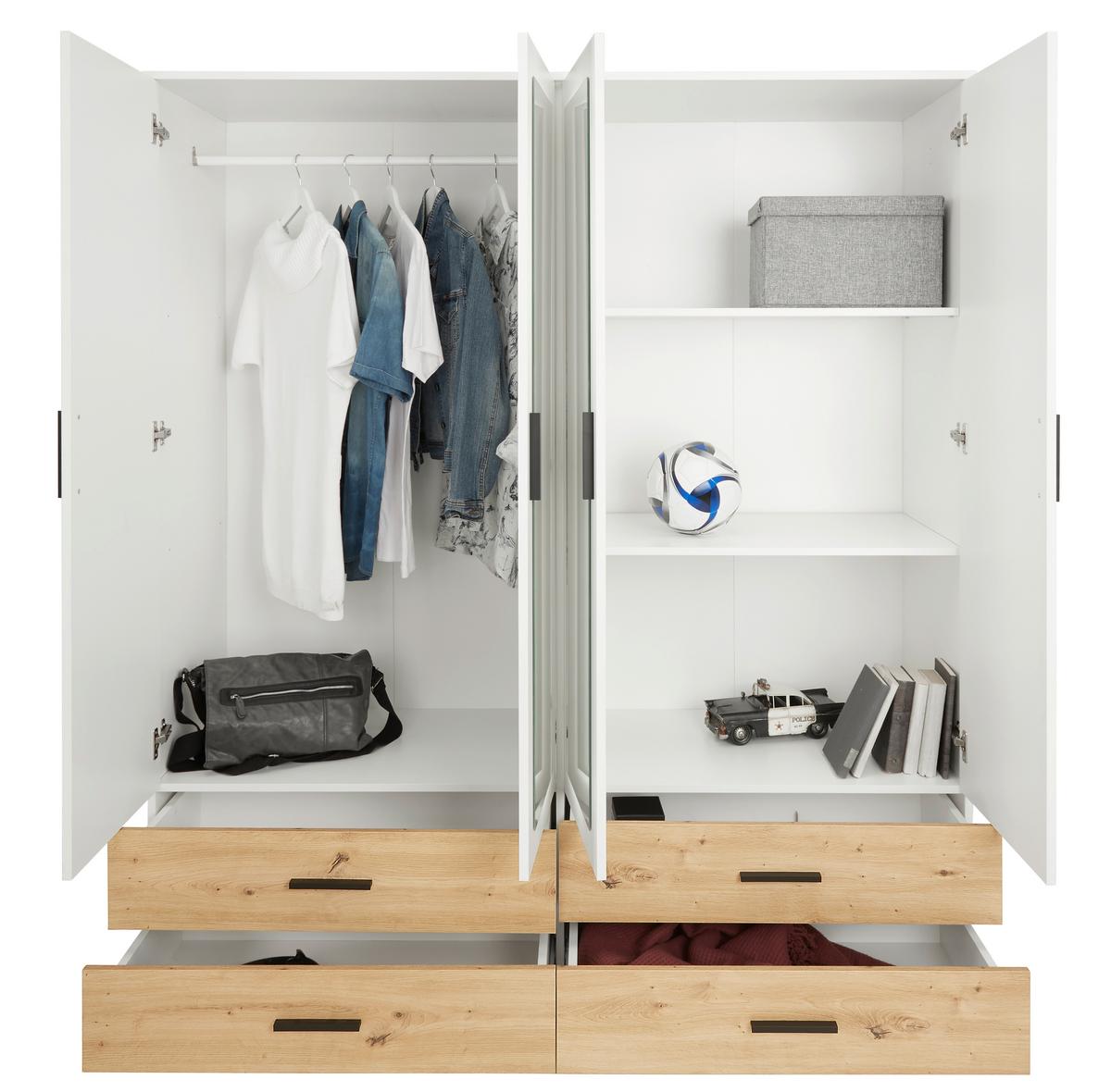 Šatní skříň se zrcadlem a zásuvkami Rasant, bílá/dub - bílá/černá, Konvenční, kompozitní dřevo/plast (168/188/52cm)