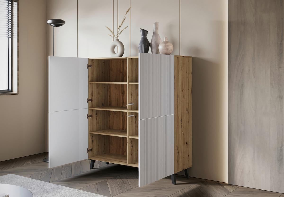 Highboard Phuket Eiche Artisan/weiß B: 120 Cm - Schwarz/Weiß, Trend, Holzwerkstoff (120/130/39cm) - P & B
