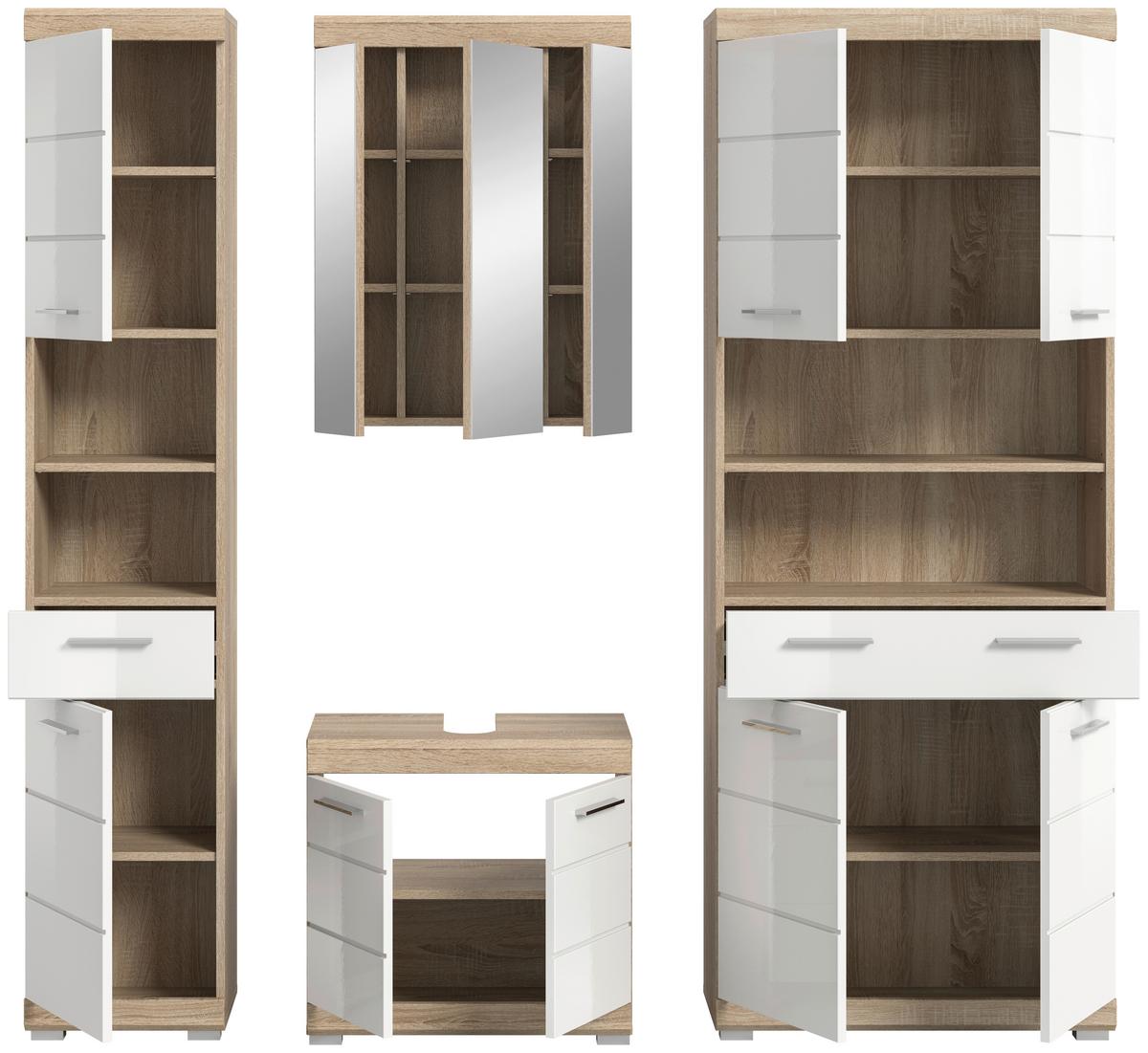 Badezimmer Lambada Eiche Dekor/Weiß B: 165 cm - Weiß Hochglanz/Silberfarben, MODERN, Glas/Holzwerkstoff (165cm) - MID.YOU