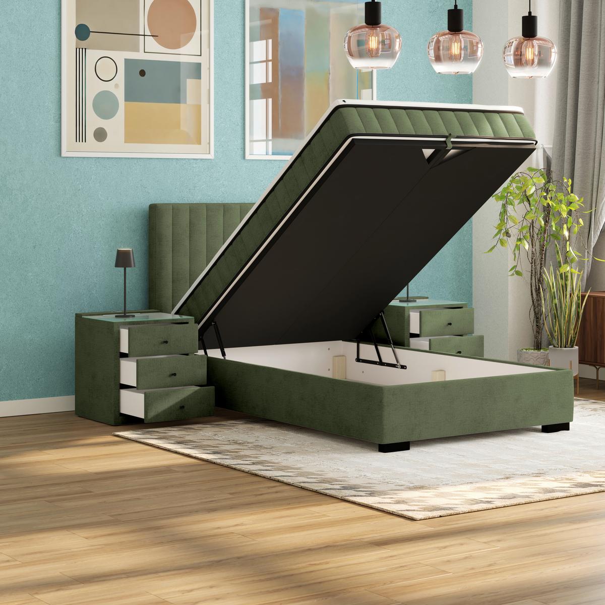 Boxbett Maya inkl. Bettkasten Olivgrün 140x220 cm - Schwarz/Olivgrün, MODERN, Holz/Holzwerkstoff (140/220cm)