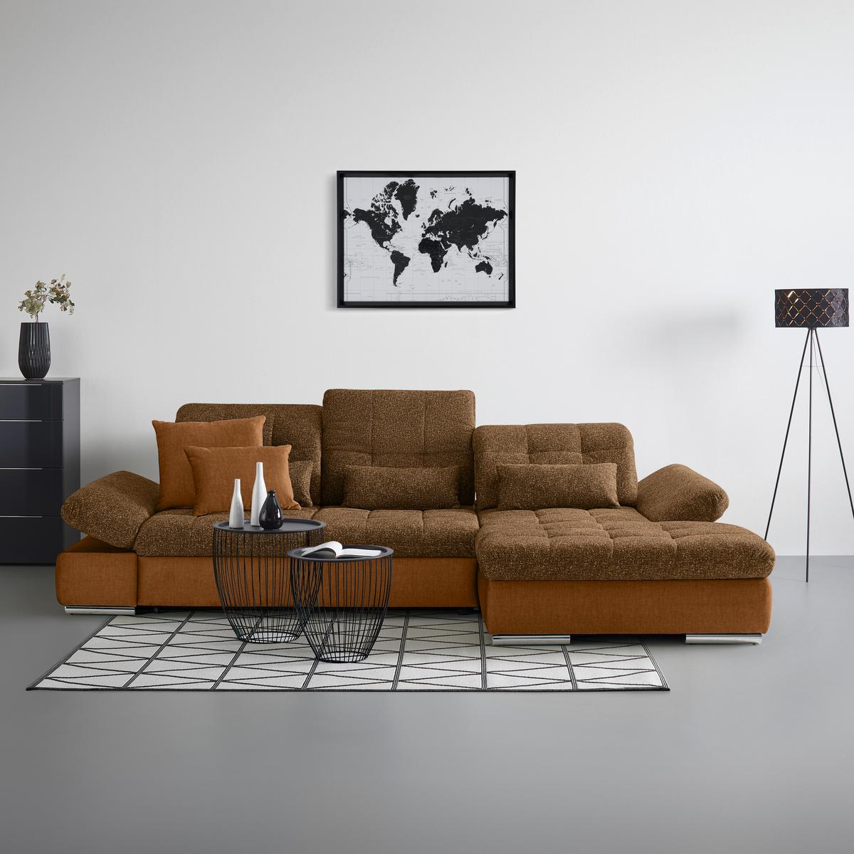 Rohová sedačka SANFINO, pravá, horčicovožltá / koňaková - horčicovožltá/chrómová, Konventionell, kov/drevo (305/79-96/199cm) - Premium Living
