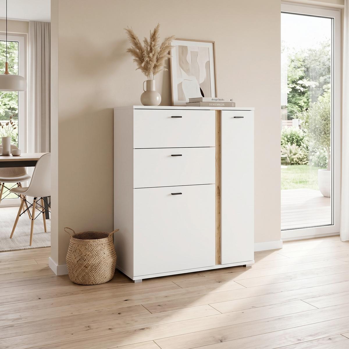 Highboard Long Island Weiß/Eiche Wotan B: 100 cm - Silberfarben/Eiche Wotan, Design, Holzwerkstoff (100/125/42cm) - MID.YOU