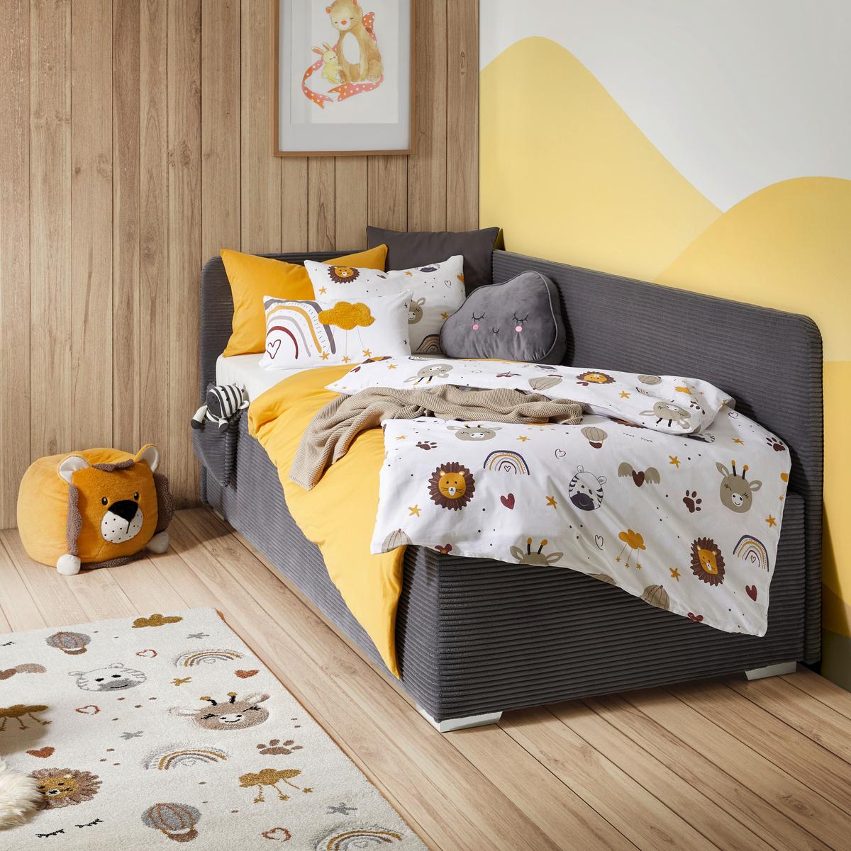 Posteľ Remi s bočnicami 90x200, poťah sivý - sivá/prírodná farba, Konventionell, drevo/textil (90/200cm)