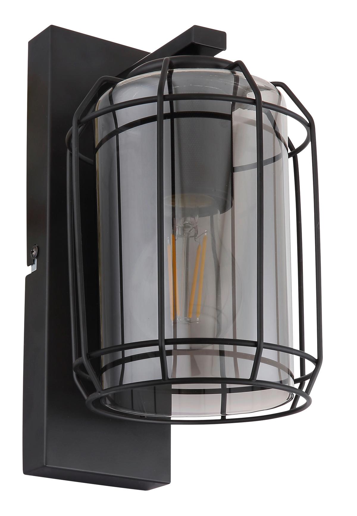 Wandleuchte 1-Flammig Rauchglas mit Gitter - Schwarz, Basics, Glas/Metall (13/16,5/25cm) - Globo