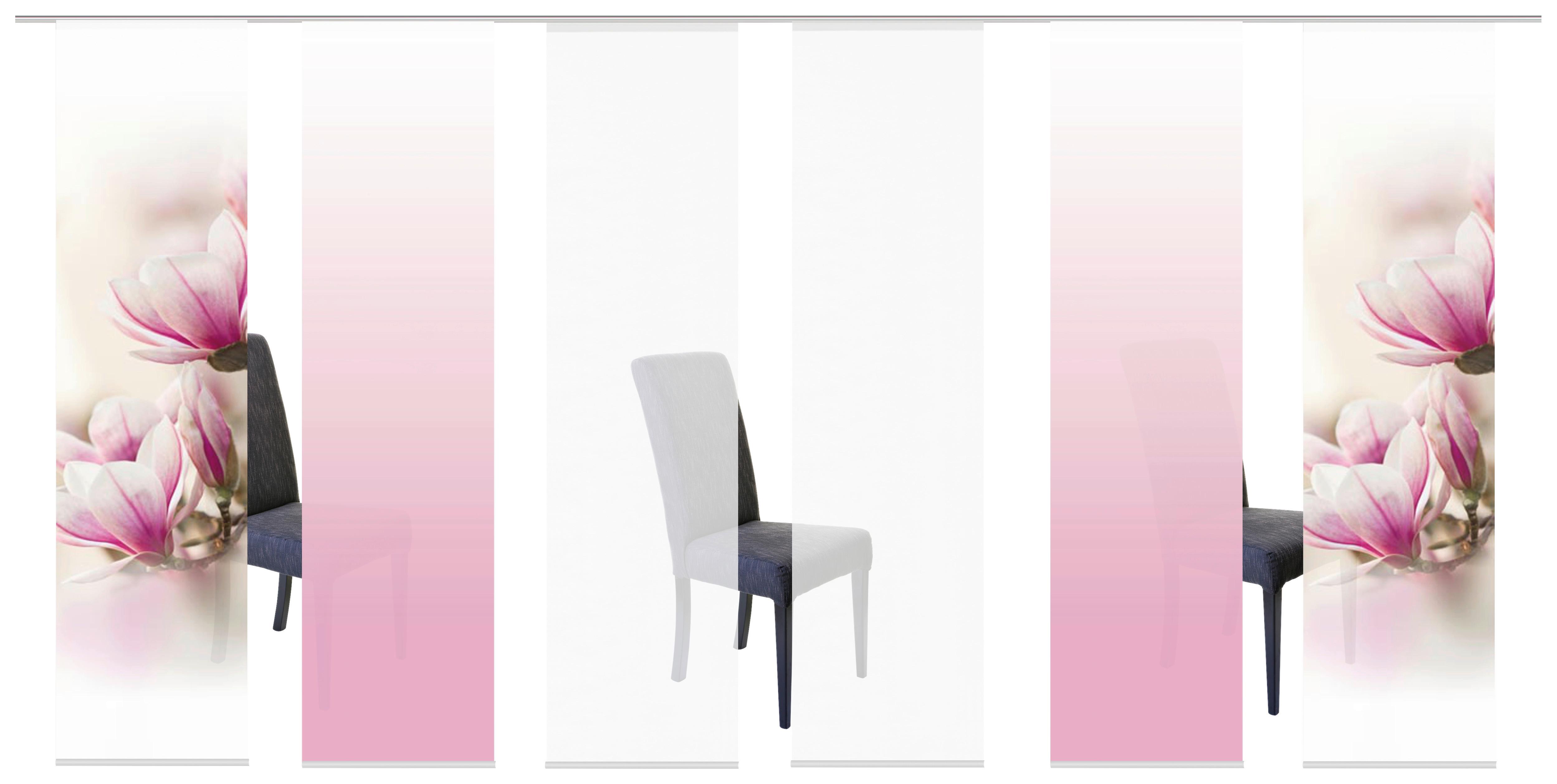 Flächenvorhang sechsteilig in Rosa und Weiß mit Magnolien-Motiv