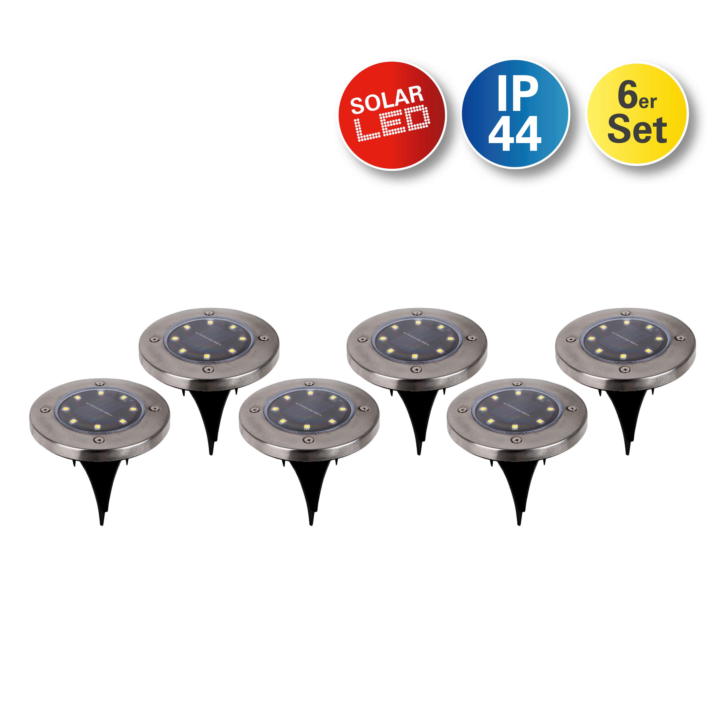 6 X Solarleuchte Mit Erdspieß 8xled Warmweiß H: 14 Cm - Edelstahlfarben, Basics, Kunststoff/Metall (11,5/14cm) - Näve