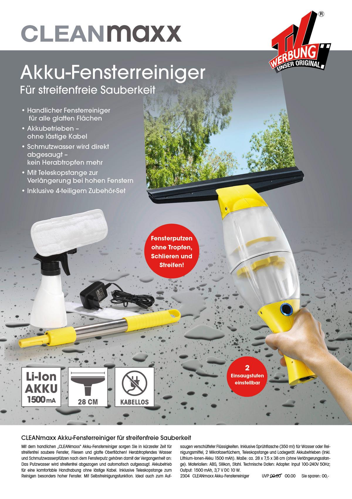 Akku-Fenstersauger B: 28 cm mit Teleskopstange - Gelb/Schwarz, Basics, Kunststoff/Metall (9/83/28cm) - CLEANMAXX
