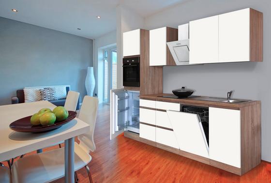 Grifflose Küche in mattem Weiß mit Geschirrspüler Moderner Küchenblock mit Elektrogeräten