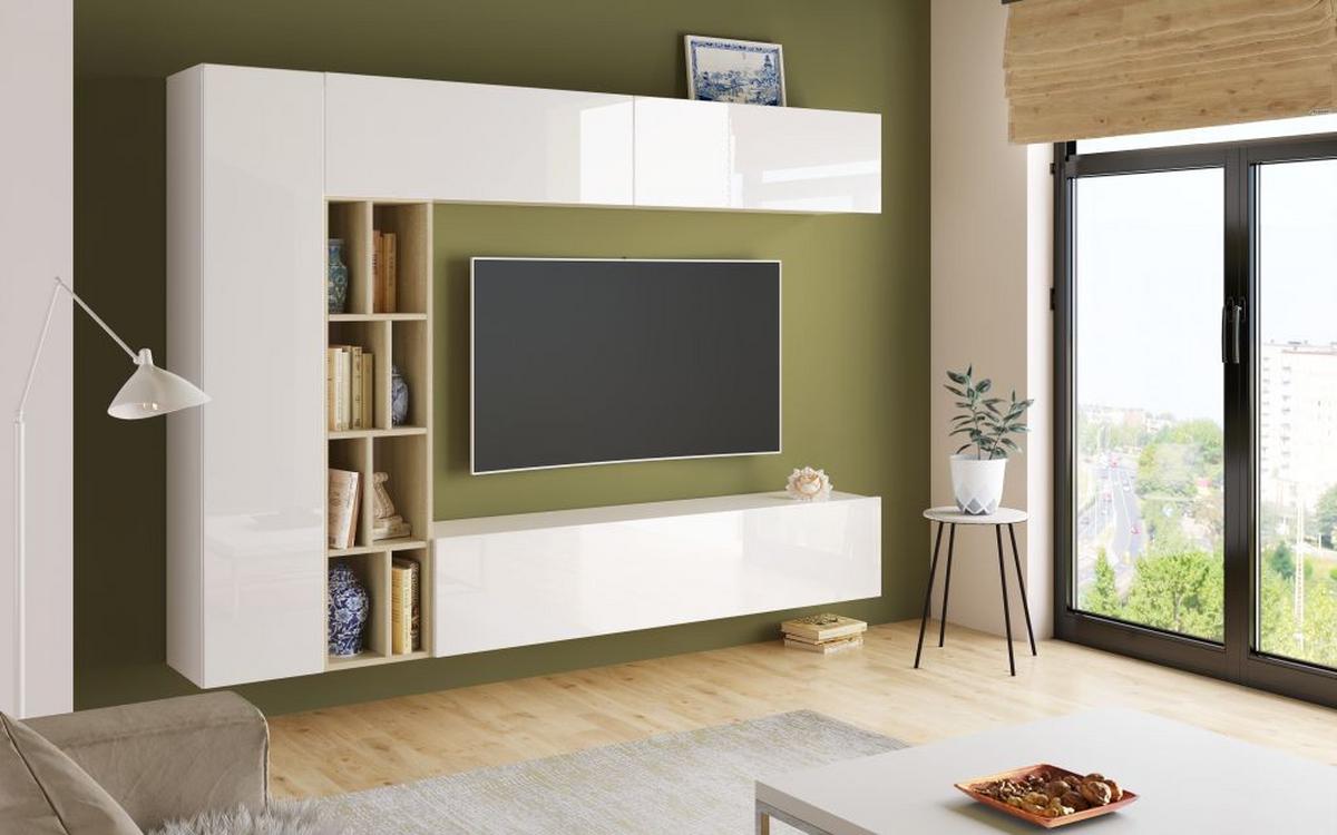 Obývacia stena BRANDY - biela s vysokým leskom/dub sonoma, Modern, kompozitné drevo (224/160/35cm) - Ti'me