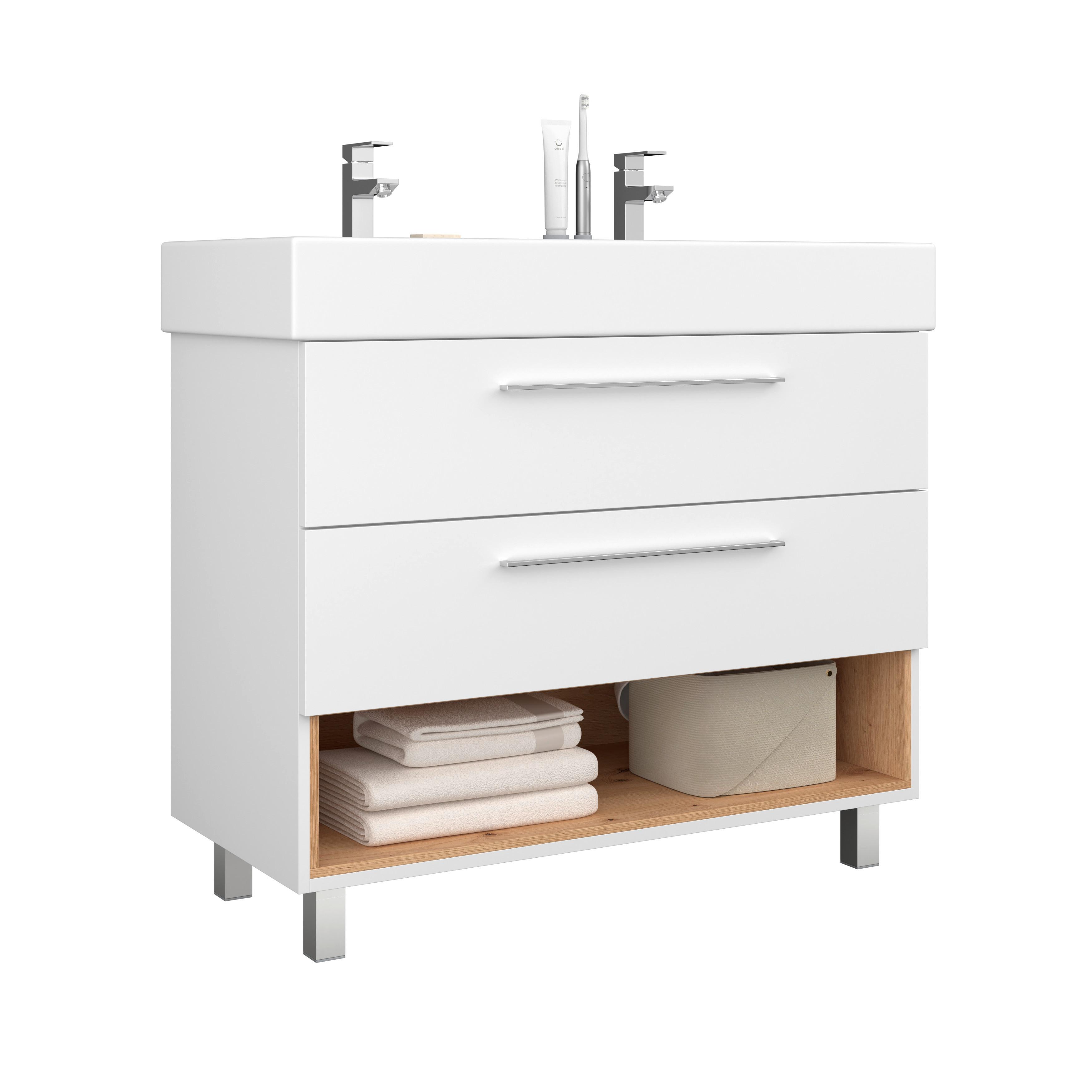 Waschbeckenunterschrank mit Soft-Close Mura B: 100cm Weiß - Alufarben/Weiß, MODERN, Keramik/Holzwerkstoff (100/90/46,5cm)