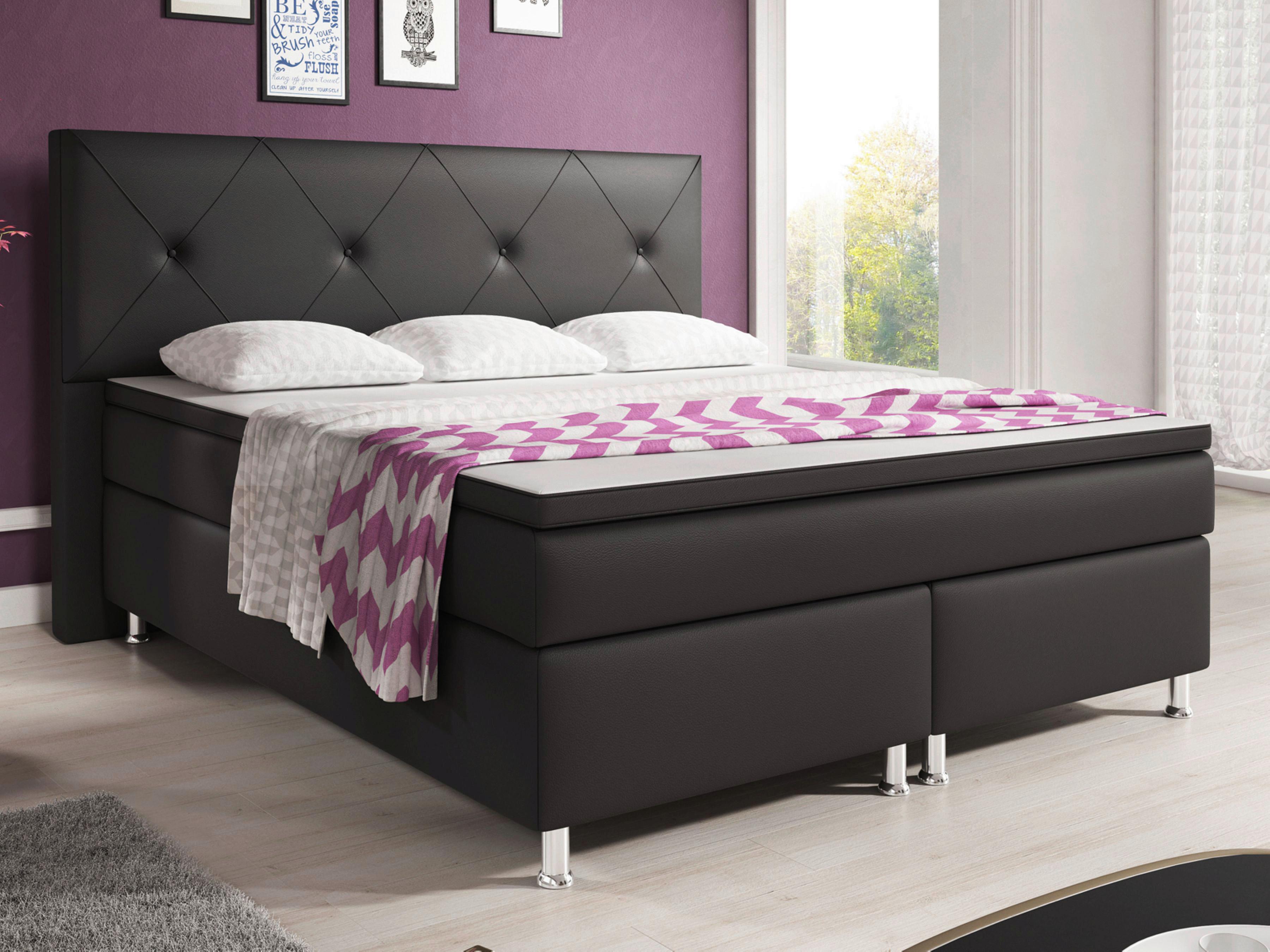 Boxspringbett mit Topper Lederlook 180x200 Oxford - Anthrazit/Silberfarben, KONVENTIONELL, Leder/Textil (200/125/210cm) - MID.YOU