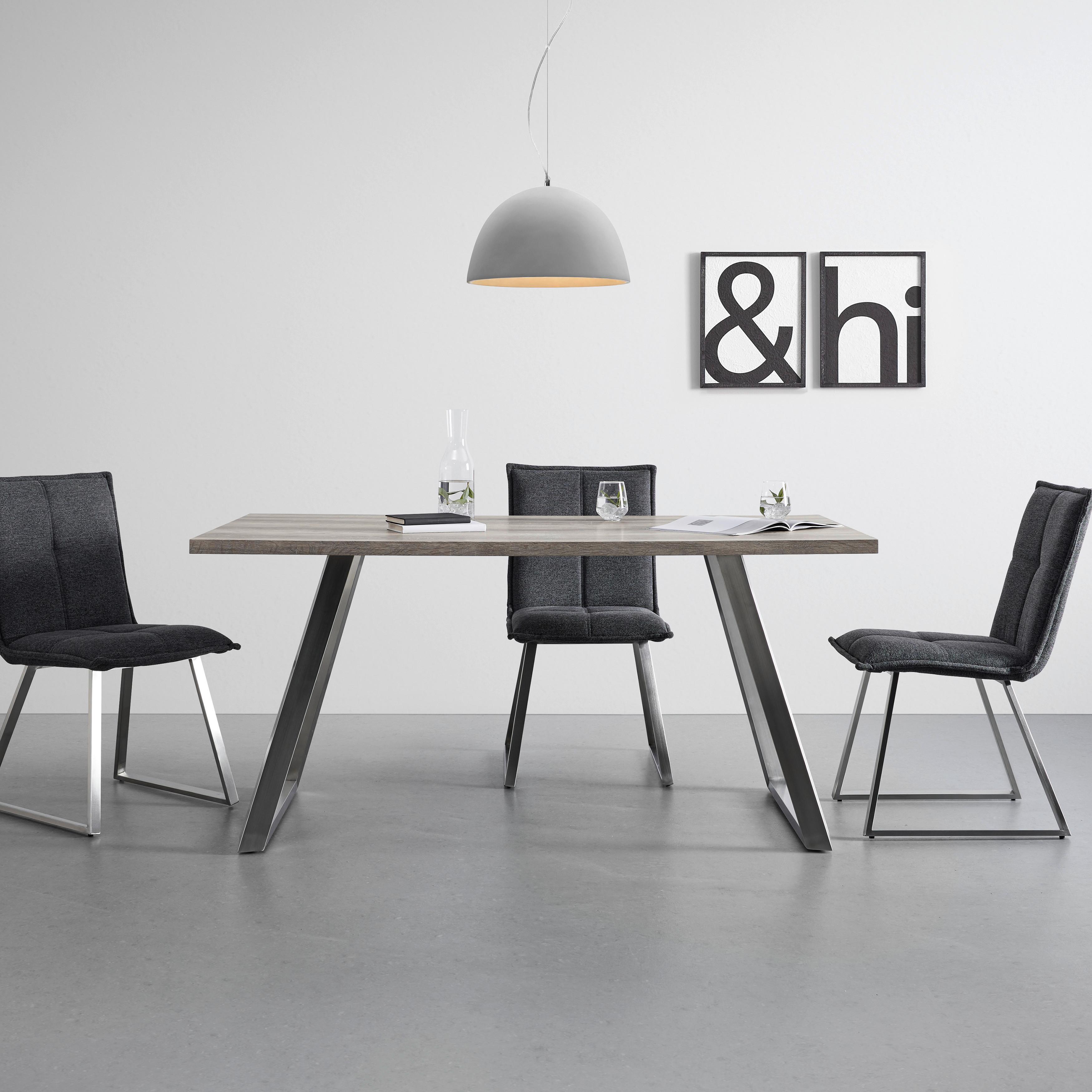 Jedálenský stôl MELANI dekor dub 160x90 cm - farba ušľachtilej ocele/farba duba, Modern, kov/kompozitné drevo (160/90/76cm) - Bessagi Home