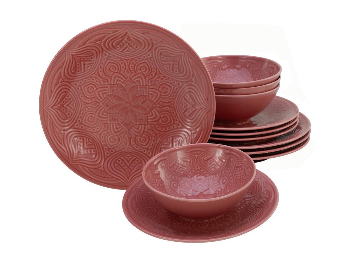 Jídelní souprava ORIENT MANDALA,12-dílná - tmavě růžová, Trend, keramika - Creatable