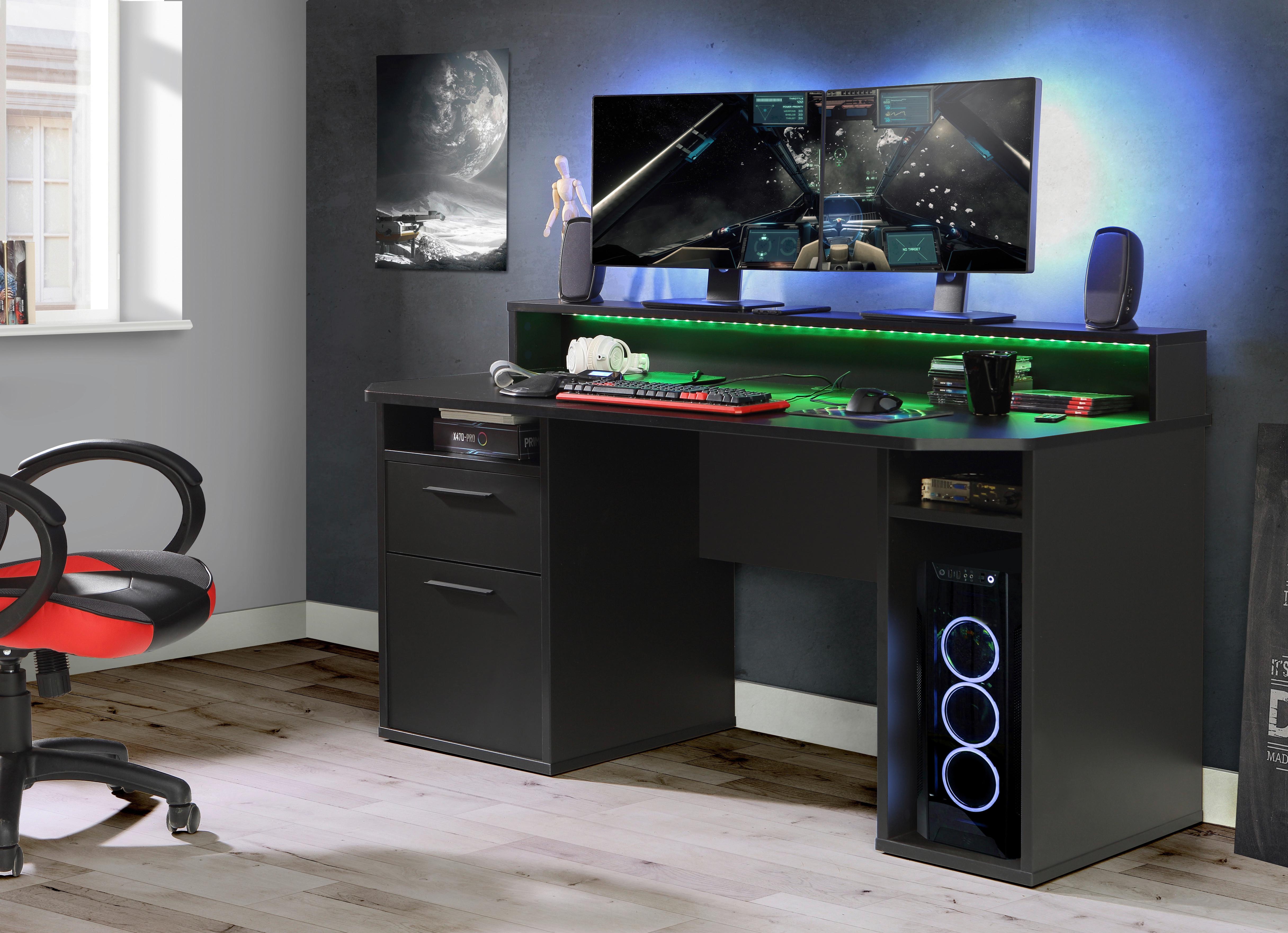 Gaming Tisch mit Stauraum B 160cm H 91cm Tezaur - Schwarz, MODERN, Holzwerkstoff/Kunststoff (160/72/91cm) - MID.YOU